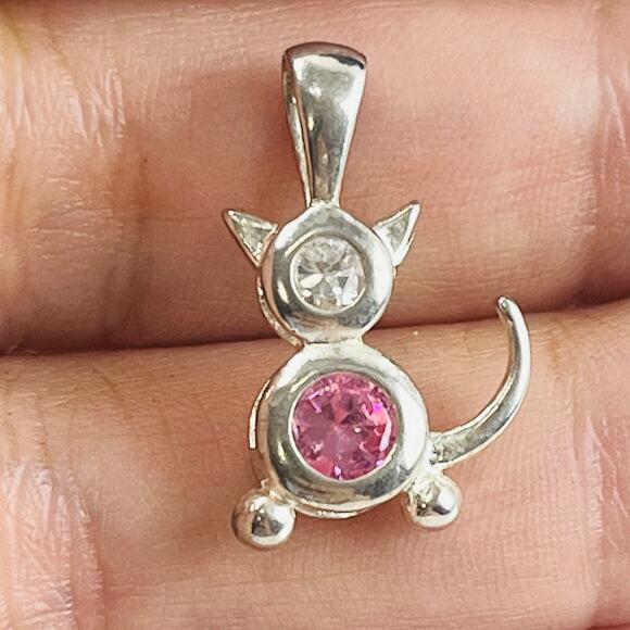 Unbranded Jewelry - Sterling Silver 925 Pink Belly Clear Crystal Kitty Cat Pendant Charm 4255 Tail C